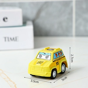 Macro shot of a yellow cartoon pull-back toy car with detailed size measurements