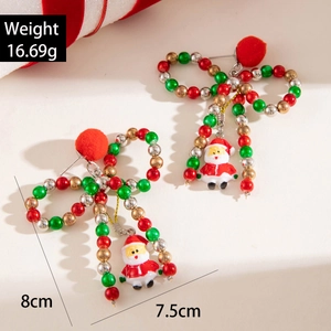 Christmas bow earrings with colorful beads, pom-pom and Santa Claus pendant detail