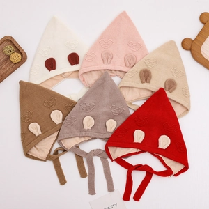 Set of six colorful double-layer thickened knit baby hats with cute ears and chin straps