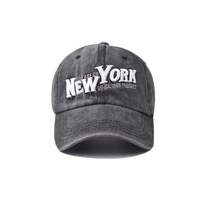 Vintage dark grey washed cotton baseball cap with white NEW YORK 3D embroidery