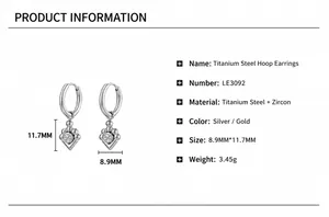 Detailed size chart and specifications for titanium steel heart earrings with zircons