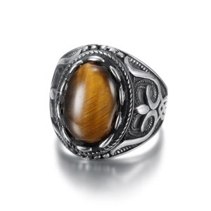 Men's vintage tiger eye stone ring with oval gemstone and antique silver embossed band