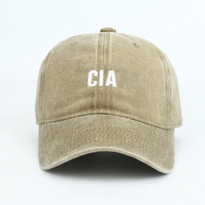 Classic washed khaki baseball cap with CIA 3D embroidery and vintage distressed finish