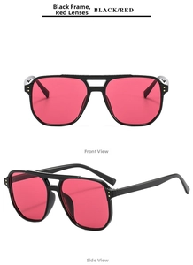 Black double bridge aviator sunglasses with red lenses showing front and side views