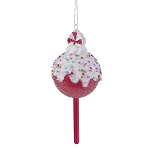 Pink cupcake lollipop Christmas ornament with colorful beads and sparkly glitter finish