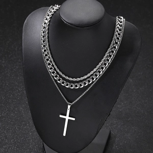 Three-layer stainless steel cross pendant necklace with silver twisted rope chain