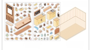 Detail view of 3D miniature coffee shop stickers with base card for DIY scrapbooking