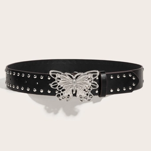 Fashionable black leather punk belt for women with silver butterfly buckle and studs