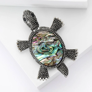 Vintage silver turtle brooch with colorful abalone shell inlay and black gem eyes