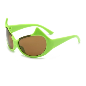 Neon green cat-ear devil sunglasses with brown lenses shown in a professional side view