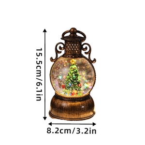 Vintage bronze Christmas snow globe lantern with glowing Xmas tree inside, size 15.5cm
