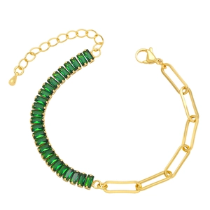 Gold paperclip chain bracelet with emerald green zircon rectangular gemstones