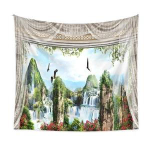 Detail showing natural waterfall landscape tapestry with green trees and flying eagles