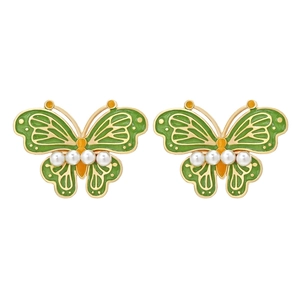 Elegant green enamel butterfly stud earrings with white pearl accents and gold plating