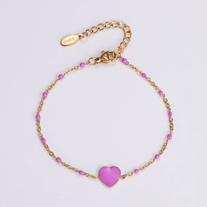 Bohemian 18k gold plated stainless steel bracelet with purple heart bead charm