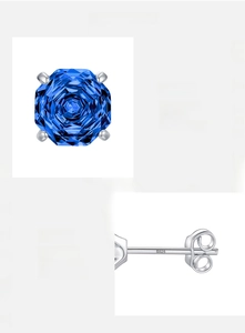 Detail of royal blue zircon ear stud with S925 sterling silver stamp and 4-prong setting