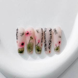 5D Lotus Ink Painting Coffin Fake Nails with Dragonfly Art and Calligraphy Design