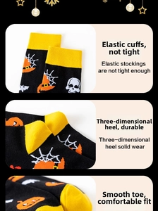 Detail view of Halloween socks showing the elastic cuff, 3D heel, and smooth flat toe