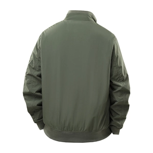 Army green flight jacket with ribbed cuffs and utility sleeve pocket seen from back