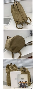 Three-angle views of a khaki canvas bucket backpack showing back, base and front details