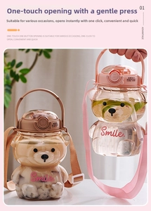 Close-up of bear-shaped water bottles with one-click lids and adjustable nylon straps