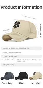 Detailed size specifications for a five-panel breathable mesh baseball cap with logo