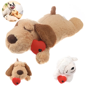 Detail of plush dog and sheep toys with heartbeat simulator for pet anxiety relief