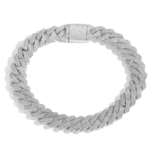 Silver 10mm rhombic Cuban link chain bracelet with iced-out cubic zirconia on white background