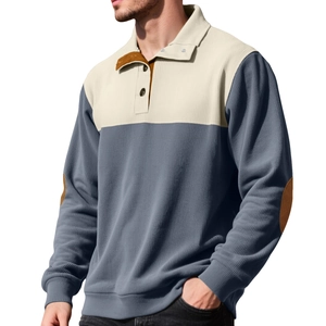 Men's color block waffle polo sweatshirt with button collar and elbow patches