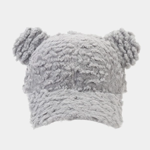 Close-up of grey teddy fleece baseball cap with cute plush bear ears decoration