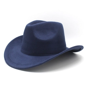 Detailed close-up of a navy blue suede fedora featuring a wide brim and classic crown