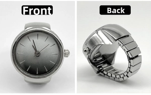 Front and back views of a silver finger watch with flexible band and gray gradient dial