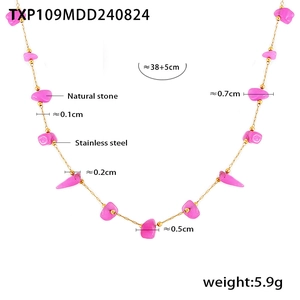 Pink natural stone and gold stainless steel necklace with 38+5cm length measurements