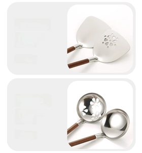 Detail of 304 stainless steel kitchen utensils with walnut wood handles and floral cutout