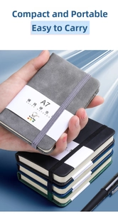 Close-up of A7 mini pocket notebook featuring a matte hard cover and elastic closure band