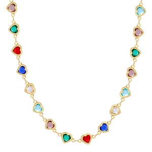 Golden necklace with colorful heart-shaped zircon stones and a minimalist chain design