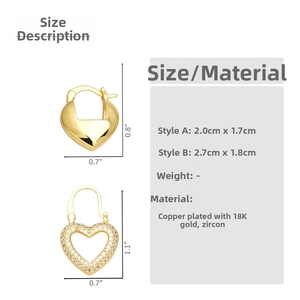 Size chart showing 18K gold plated heart earrings dimensions with zircon details