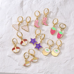 Candy Color Copper Enamel Dangle Earrings 18K Gold Plated Cute Strawberry Cloud Star Evil Eye Charm Jewelry Women