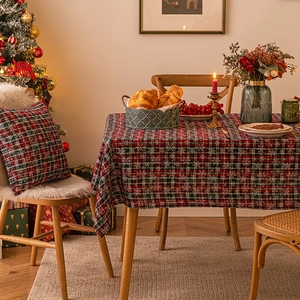 Christmas red and green plaid tablecloth with snowflake prints for festive dining table decor