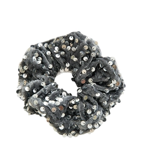 Sparkly dark grey velvet scrunchie with silver sequins for elegant hairstyles