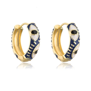 Detail of 18K gold plated hoop earrings with blue enamel evil eye patterns and reflections