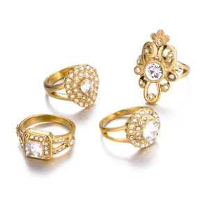Vintage Stainless Steel Zirconia Ring For Women French Romantic Geometric Heart Square Flower Gold Inlaid Finger Ring Jewelry