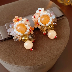 Floral Cluster Dangle Earrings With Imitation Artificial Pearl Natural Stone Glass Beads And Silver Earring Post Vintage Jewelry For Women