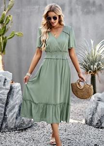 Detail of V-neck short sleeve dress in sage green with elastic ruched waist and ruffle hem