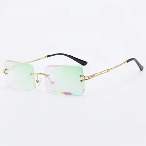 Fashion rimless rectangular sunglasses with light green gradient lenses and gold metal frame