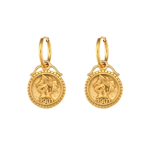 18K gold plated stainless steel hoop earrings with vintage 1901 coin charms on white background