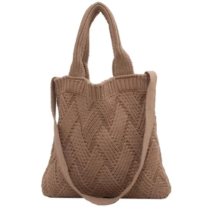 Brown knit tote bag with woven texture for women, minimalist style on white background