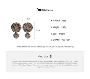 Detail view of vintage hollow round earrings with size specs and alloy material info