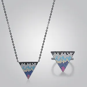 Collana E Anello In Argento Sterling 925 Dark Punk Oro Nero Triangolo Invertito Zircone Colorato Gioielli Geometrici Donna