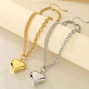 Heart Pendant Necklace Stainless Steel Double Layer Thick Link Chain Minimalist Cool Ins Style For Women